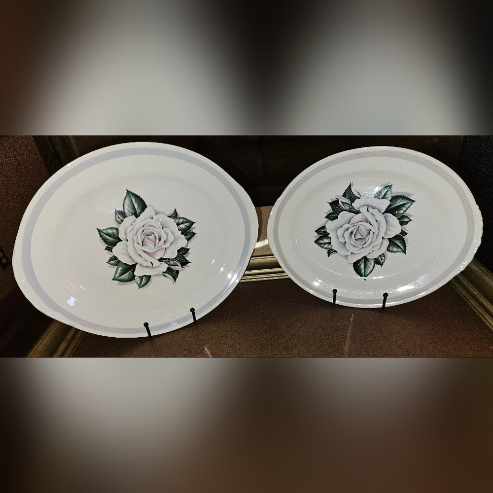 2 Vintage Homer Laughlin Eggshell Nautilus White Rose Serving Trays